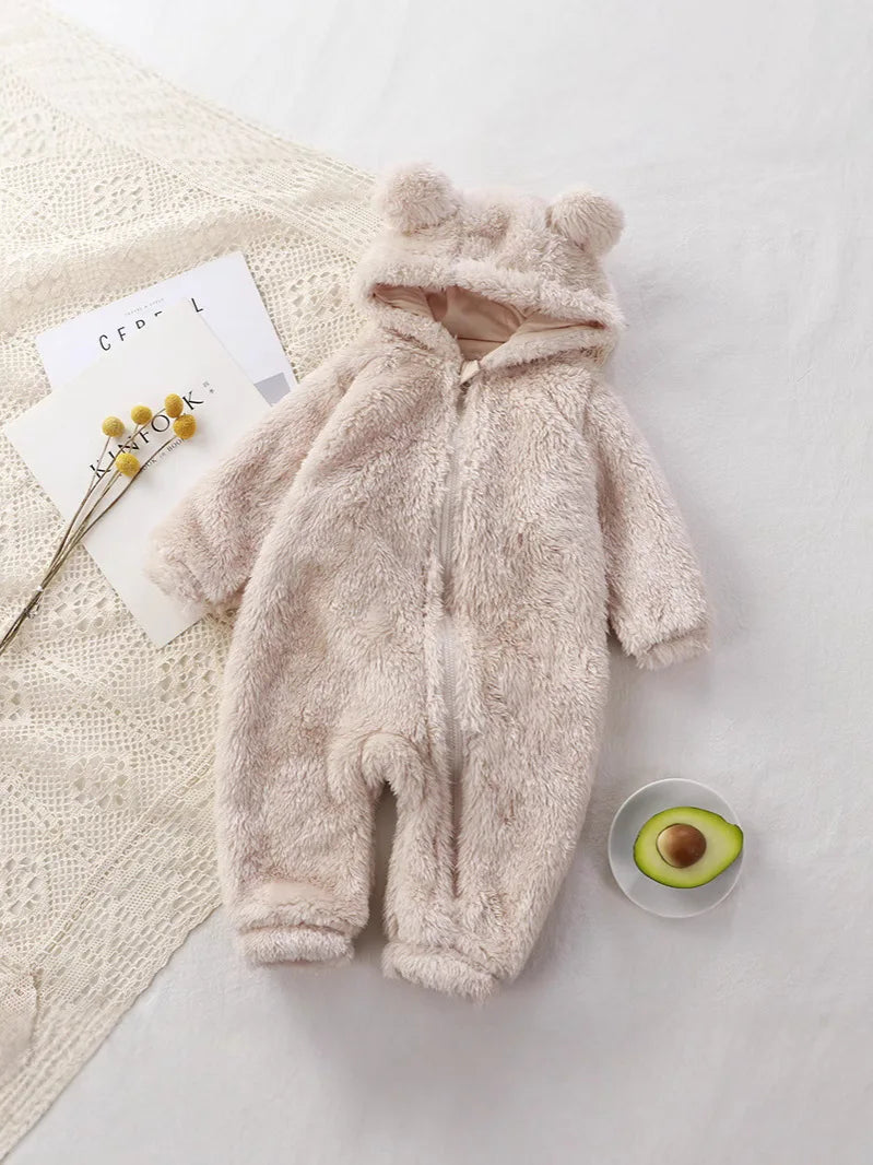 Close-up of Bear Ear Hood on Plush Romper