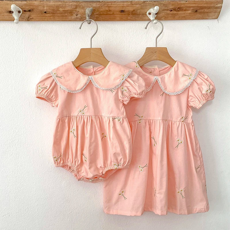 Embroidered Princess Romper and Dress Set for Girls in Pink