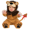 Toddler wearing brown lion jumpsuit costume with hood, tail, and paw details