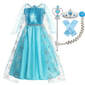 Blue snowflake princess costume dress with accessories including tiara, wand, gloves, and braided hairpiece