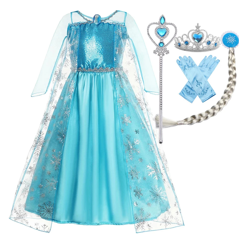 Blue snowflake princess costume dress with accessories including tiara, wand, gloves, and braided hairpiece