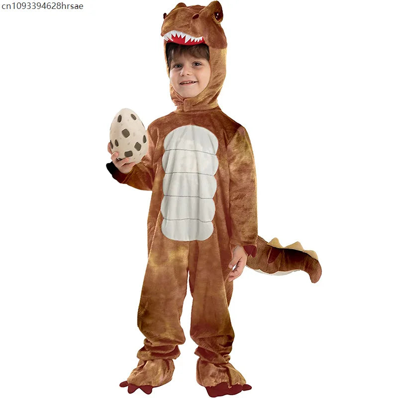 Child wearing brown dinosaur hooded romper costume holding dinosaur egg prop