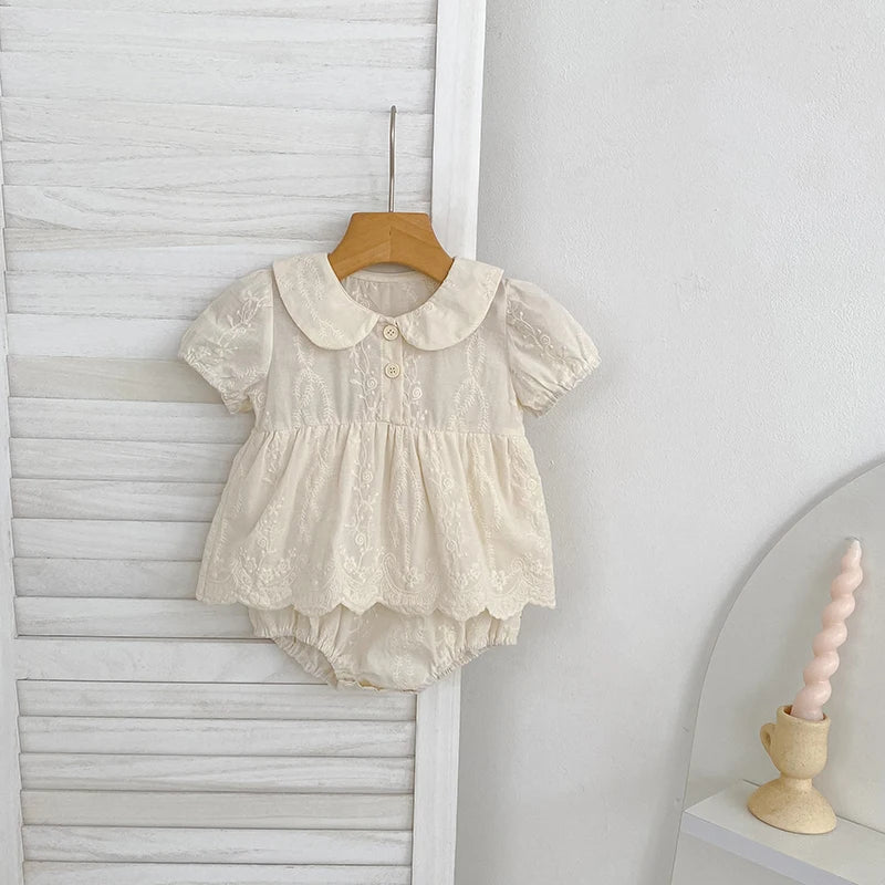 Embroidered cotton princess dress and romper set for girls