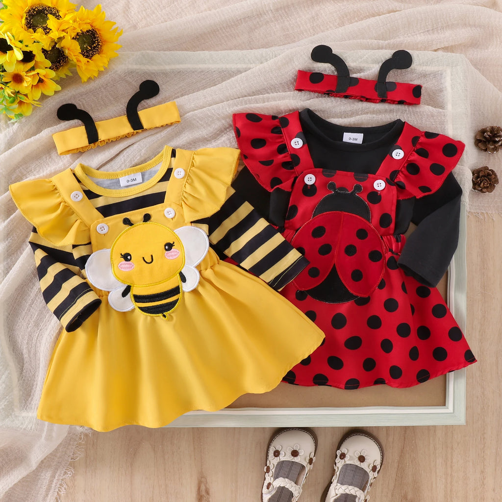 Both baby girls insect costume sets side by side showing differences in romper and dress design