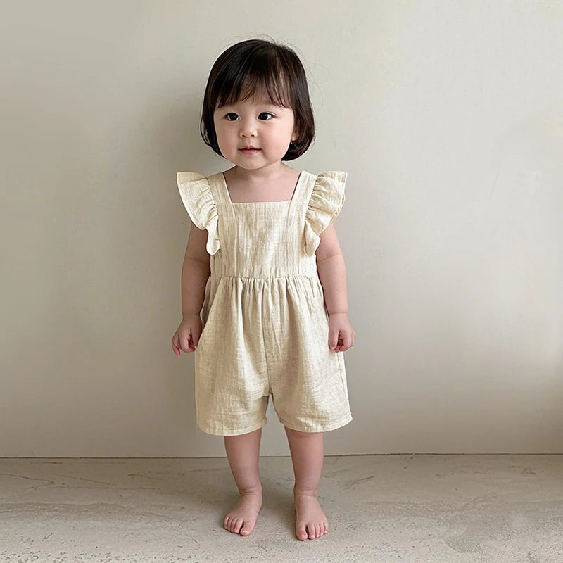 Baby Girls Sleeveless Linen Romper with Ruffles – Summer Jumpsuit