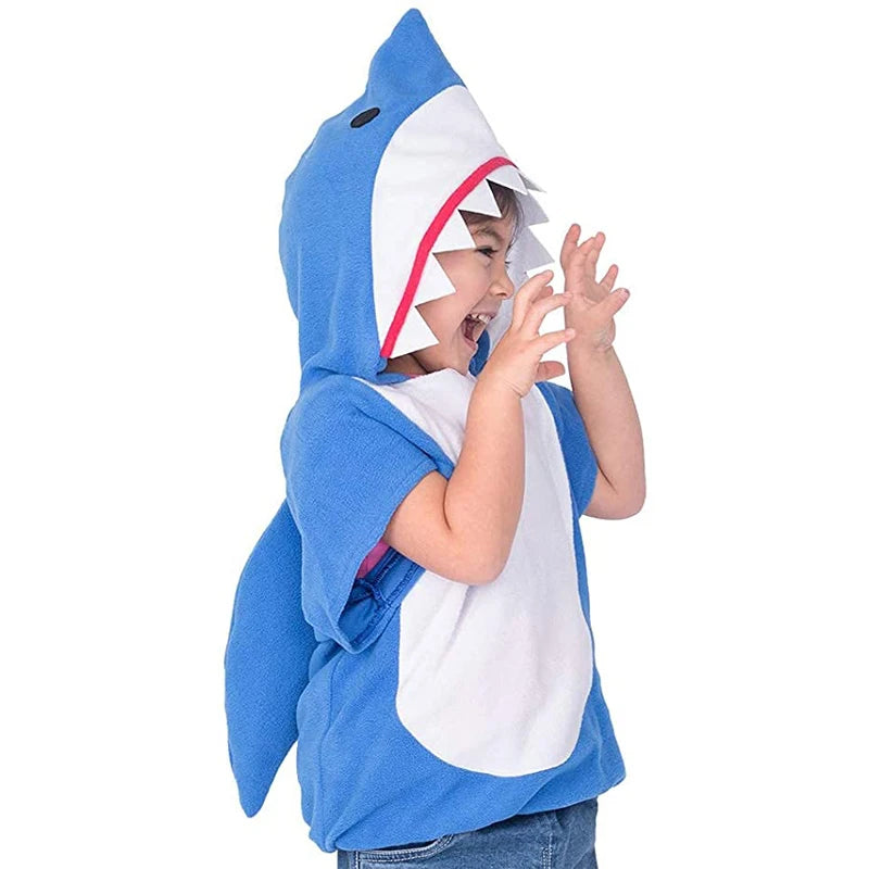 Child wearing blue shark hoodie costume with fin and teeth hood
