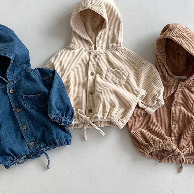 Autumn long sleeve denim and corduroy hooded jacket for babies and toddlers