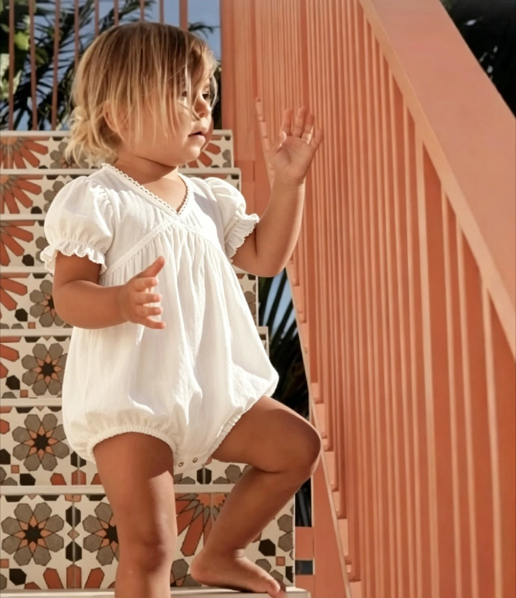 Nordic Cotton and Linen Short Sleeve Lace Jumpsuit with Hollow Out Back and V-Neck for Babies