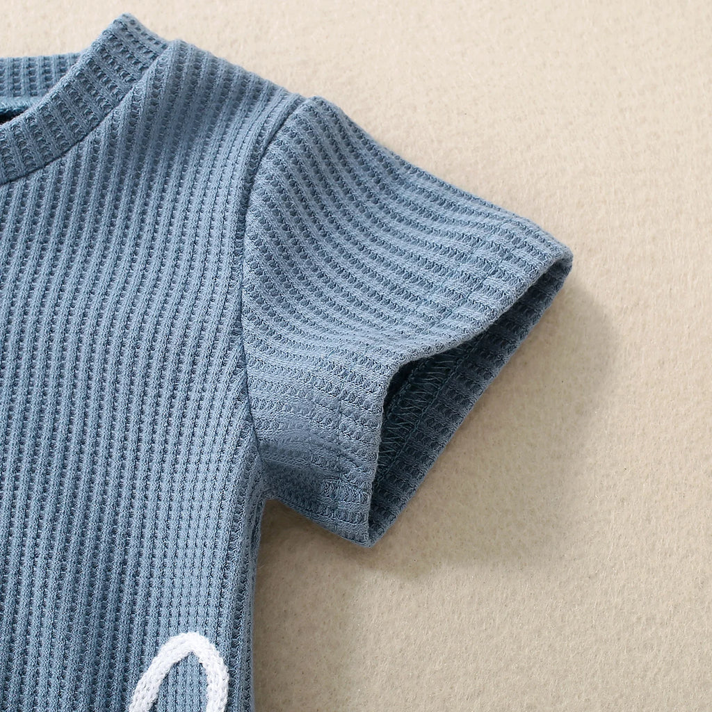 Baby wearing Embroidered Triangle Romper in Sky Blue