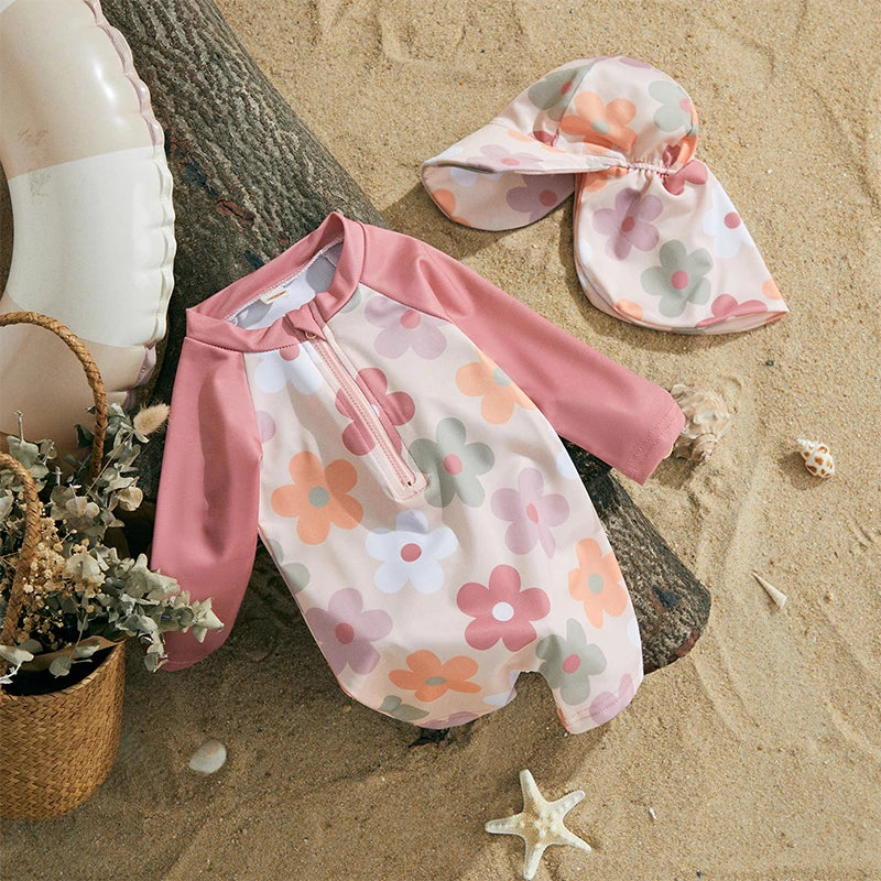 Floral Zip-Up Swimwear Set with Hat for Toddlers