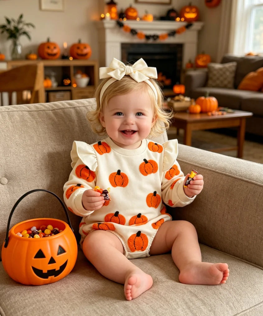 Baby wearing beige pumpkin applique bodysuit with matching headband, sitting on couch with Halloween decorations