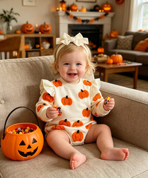 Baby wearing beige pumpkin applique bodysuit with matching headband, sitting on couch with Halloween decorations