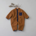 Warm Lamb Fleece Patchwork Romper hanging on hanger