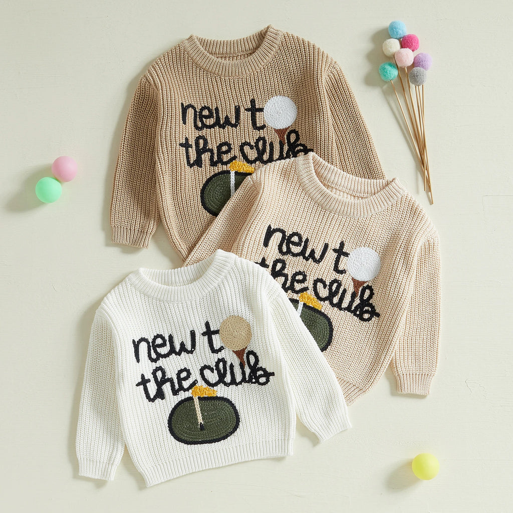 Autumn Winter Baby Sweater with Golf Letter Embroidery Long Sleeve Crew Neck Pullover in White
