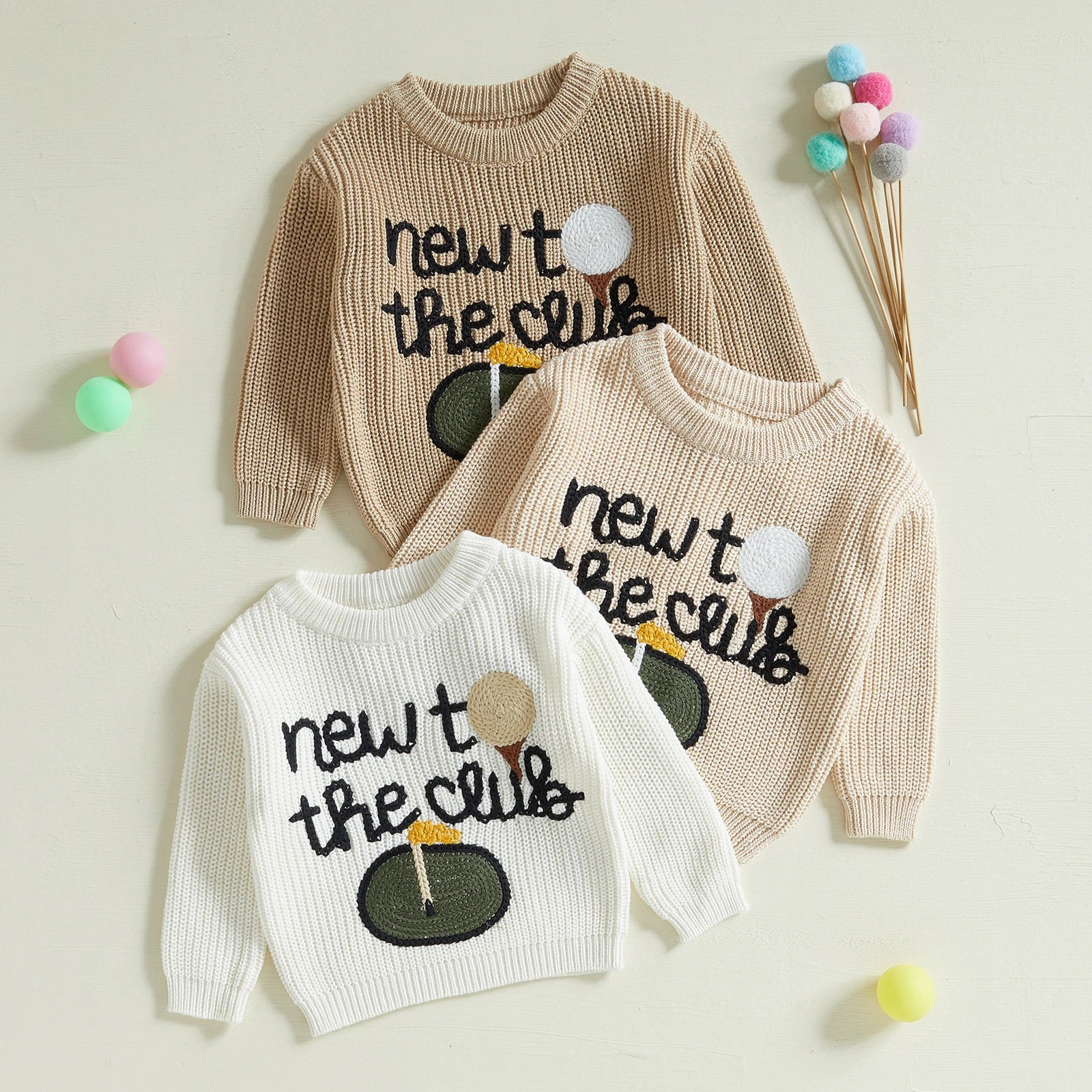 Autumn Winter Baby Sweater with Golf Letter Embroidery Long Sleeve Crew Neck Pullover in White