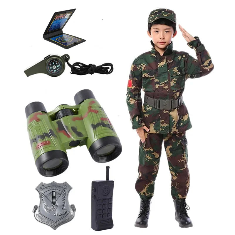 5-piece toy accessory set including binoculars, walkie-talkie, whistle, compass, and badge