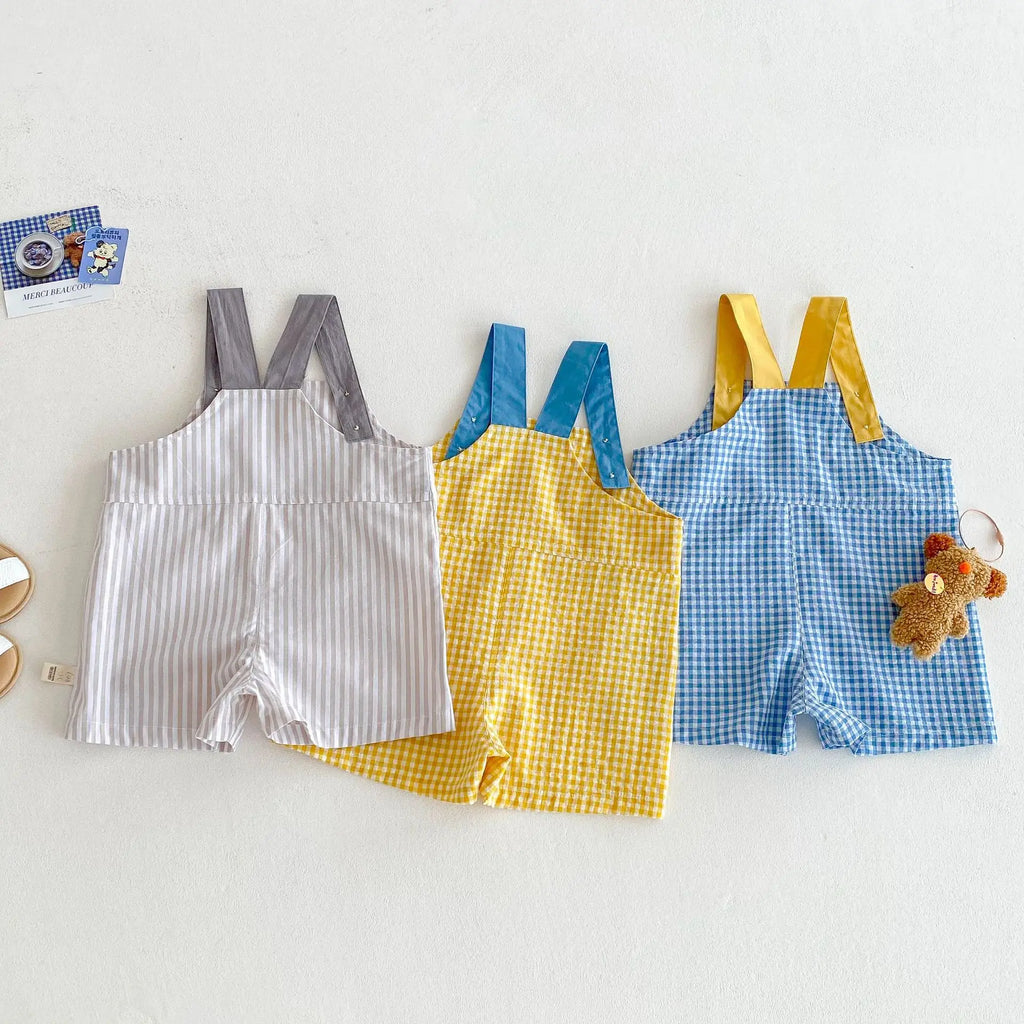 Kids Checkered Cotton Overalls with Bear Embroidery