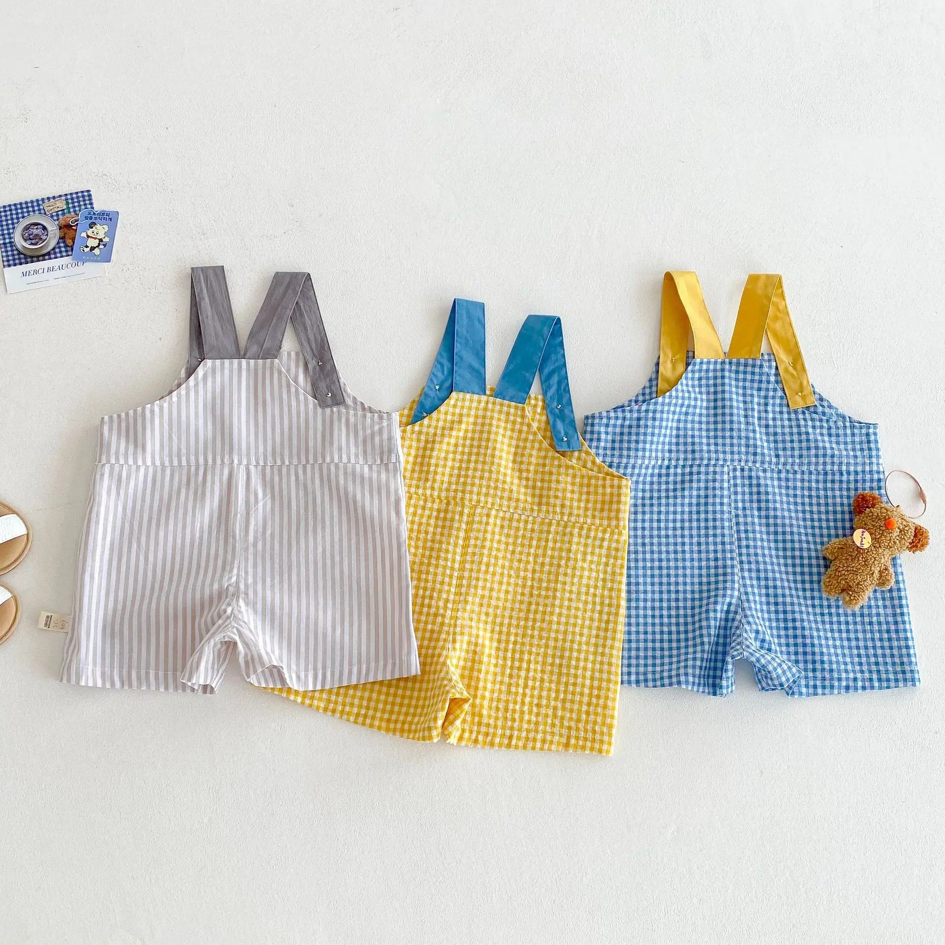 Kids Checkered Cotton Overalls with Bear Embroidery