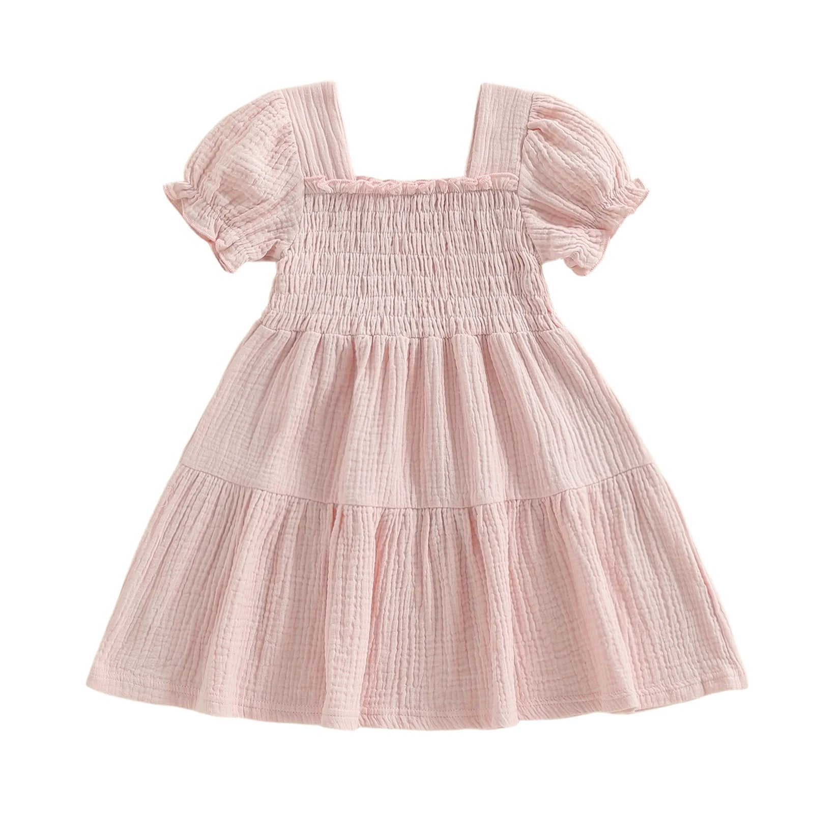 Pink smocked puff-sleeve dress on white background