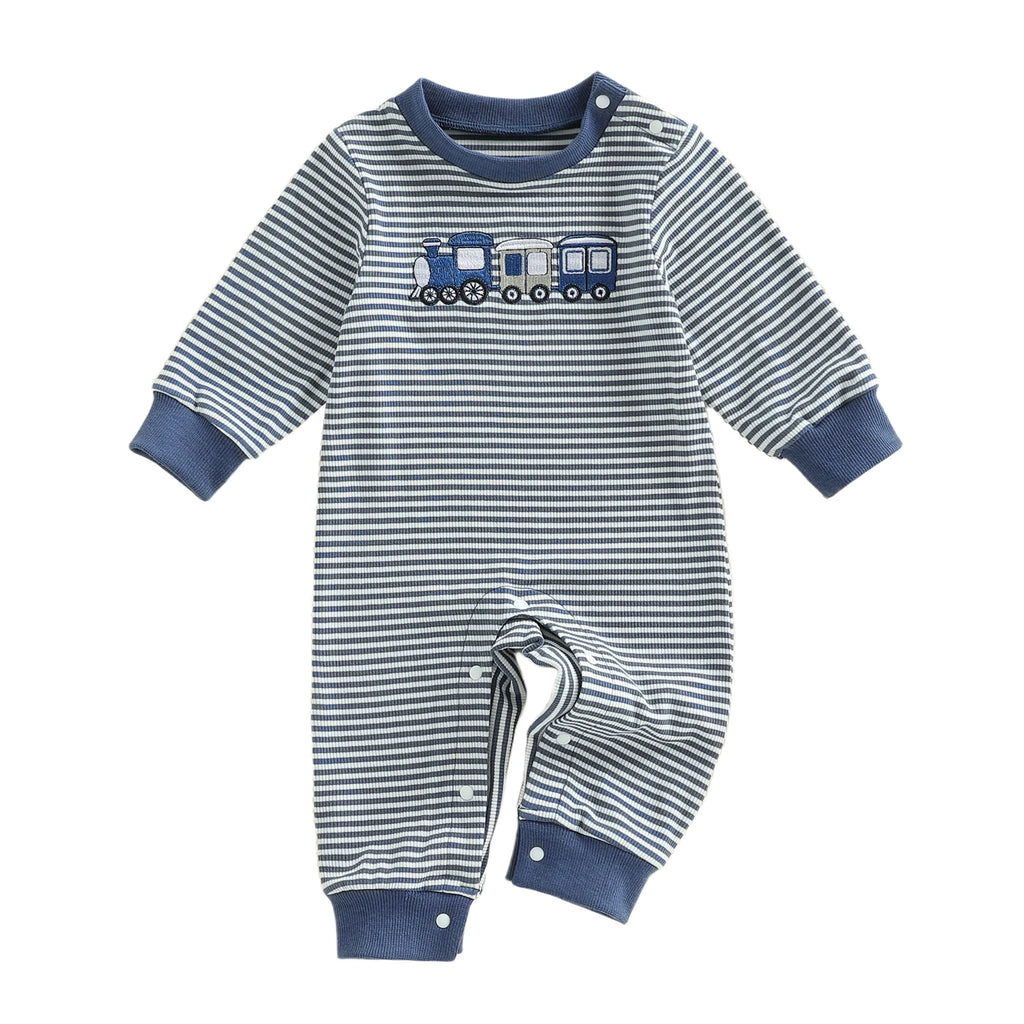 Striped Train Embroidery Romper back view