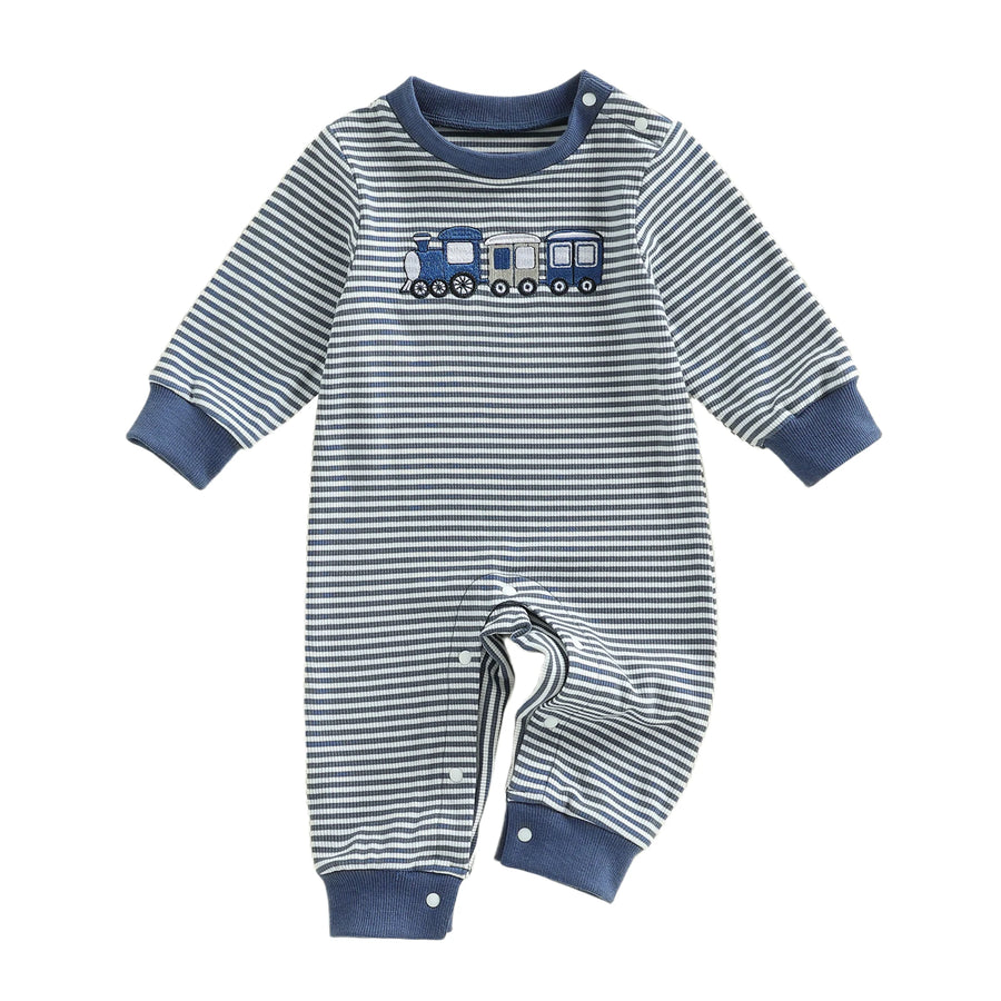 Striped Train Embroidery Romper back view