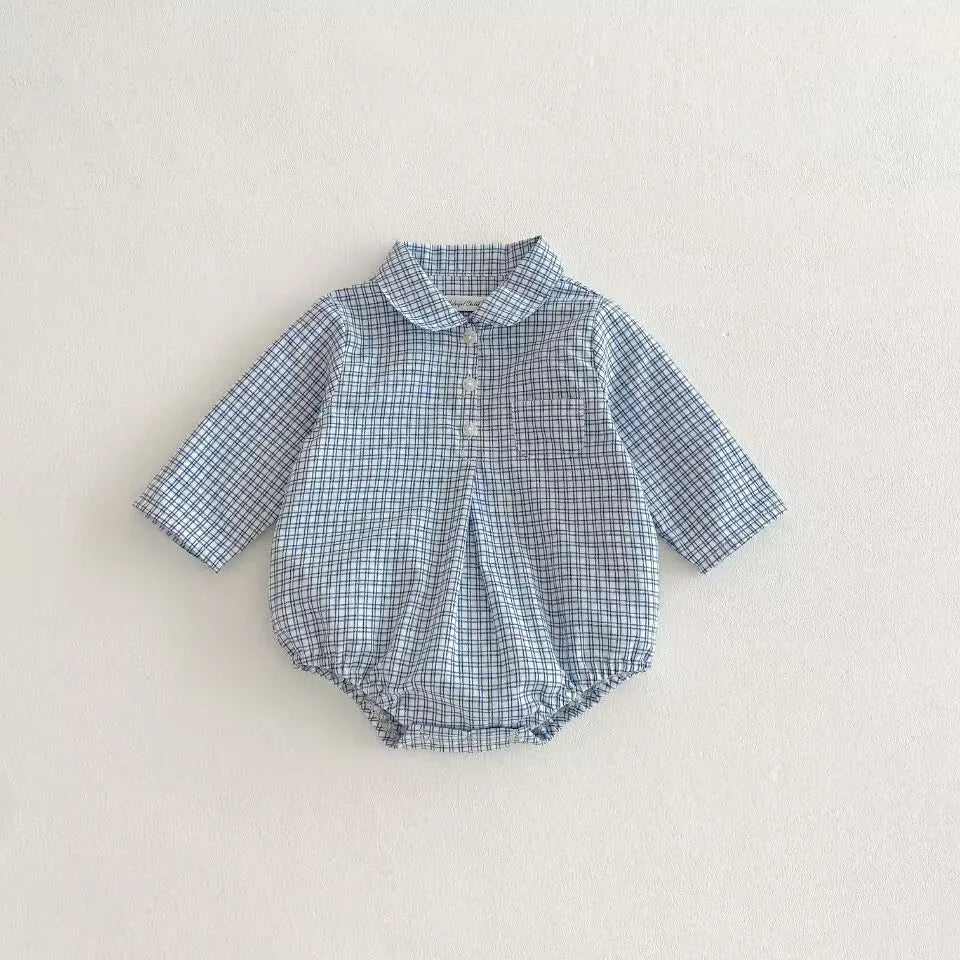 Petite Check Collar Romper - Blue
