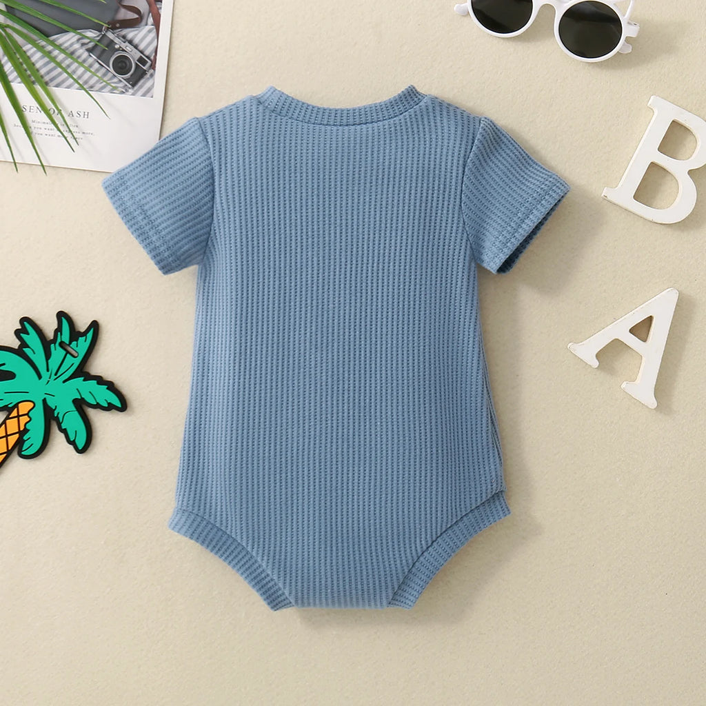 Front view of Embroidered Triangle Romper in Sky Blue