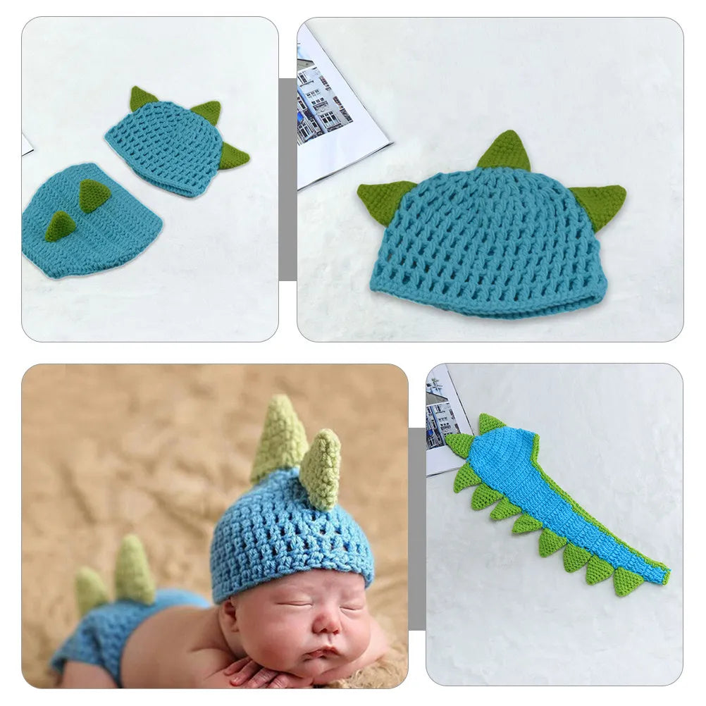 Collage of blue knitted dinosaur costume pieces including hat, diaper cover, and tail