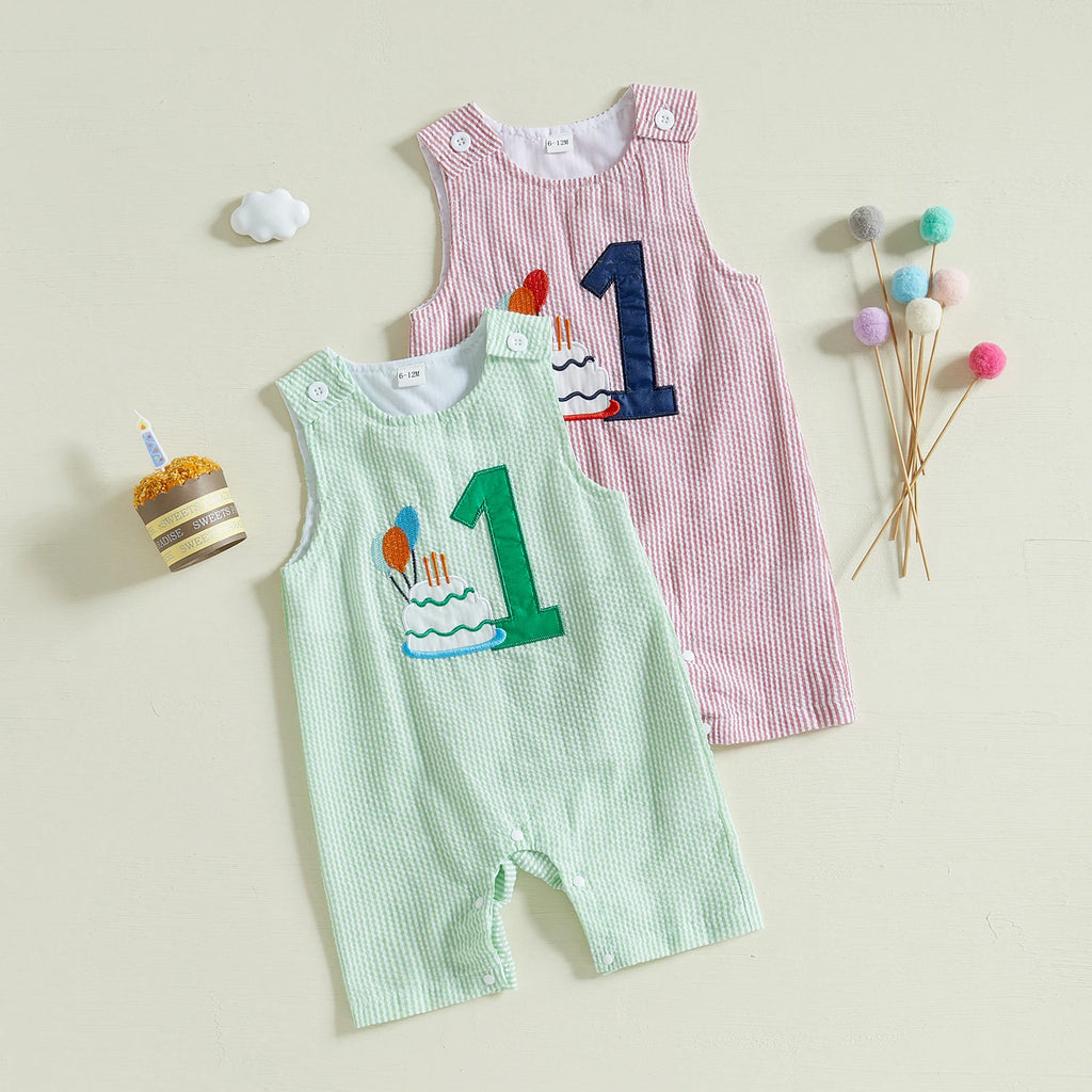 Striped Embroidered Baby Overalls Romper in Pink