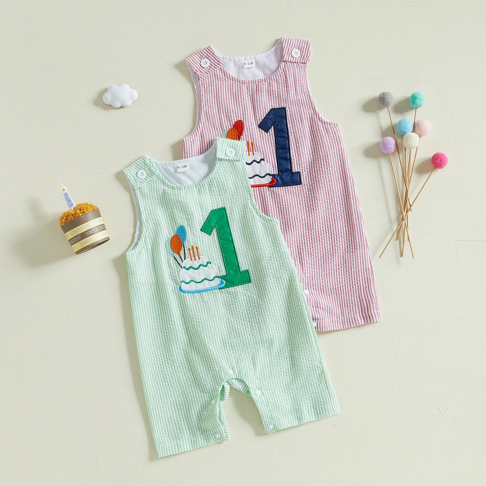 Striped Embroidered Baby Overalls Romper in Pink