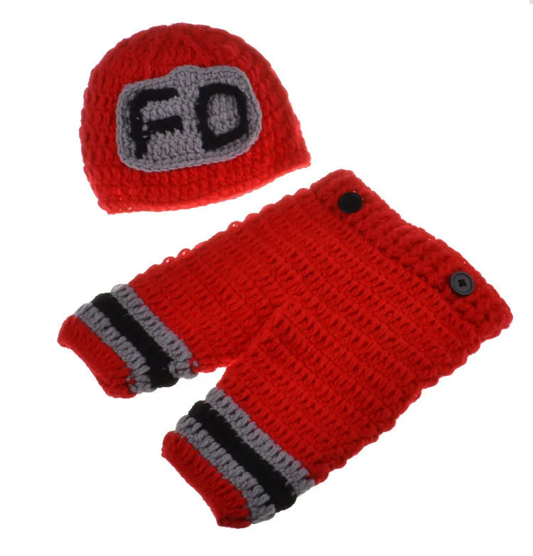 Red crochet baby firefighter costume set with hat and suspenders trousers