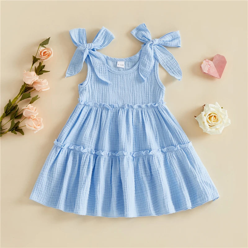Powder Blue tie-shoulder tiered cotton dress front view