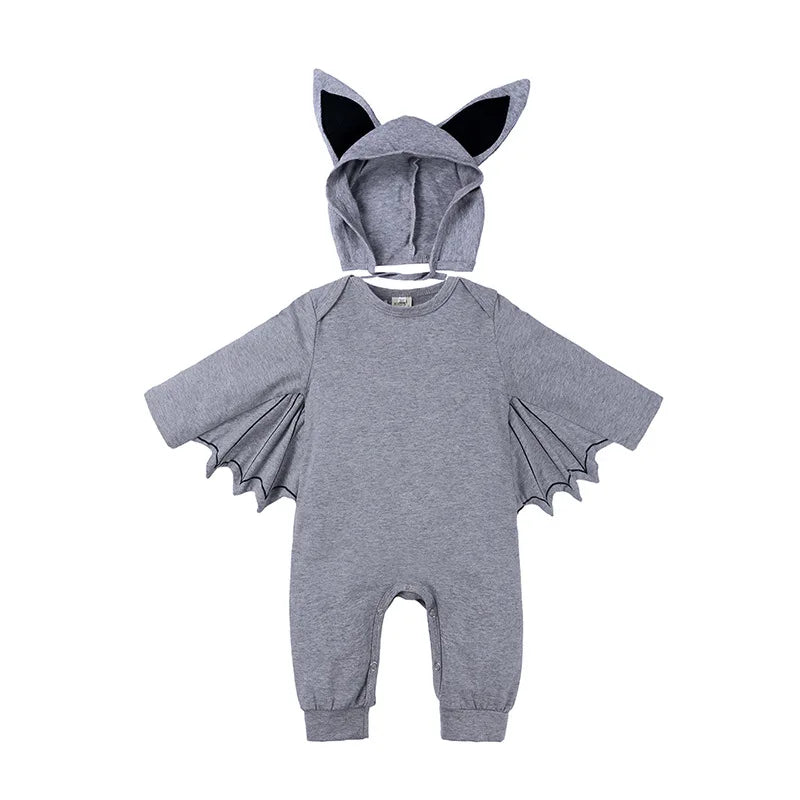 Medium gray baby bat jumpsuit costume with hood and ears