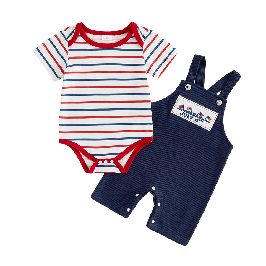 Two-piece patriotic baby outfit with striped bodysuit and navy July 4th romper