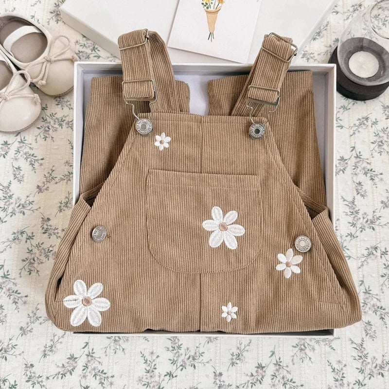 Floral Embroidered Corduroy Overalls