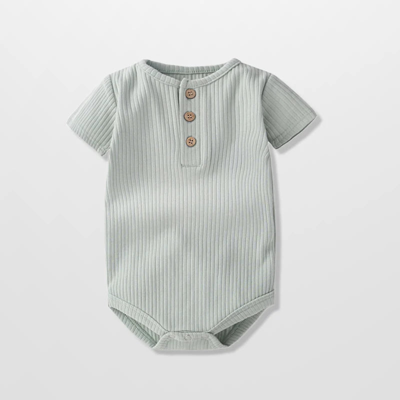 Classic Ribbed Short Sleeve Baby Bodysuit with Wood Button Detail