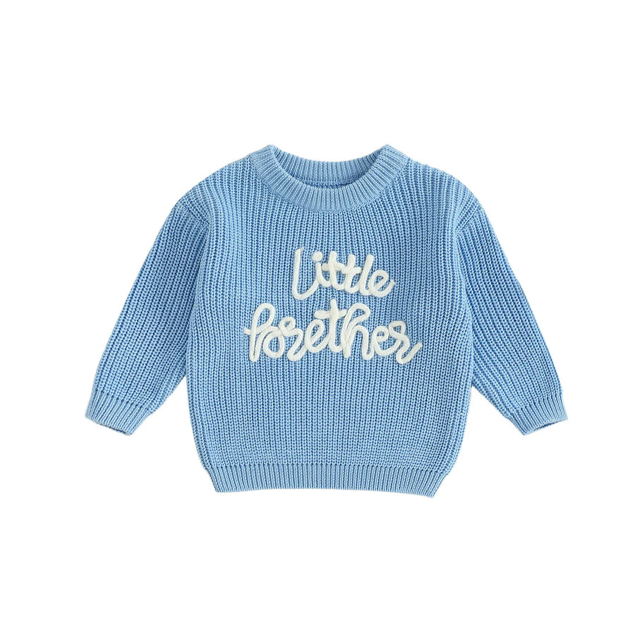 Sky blue Little Brother embroidered cotton knit baby sweater on white
