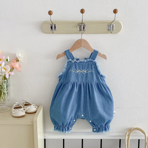 Cotton denim overall romper with bow embroidery for girls