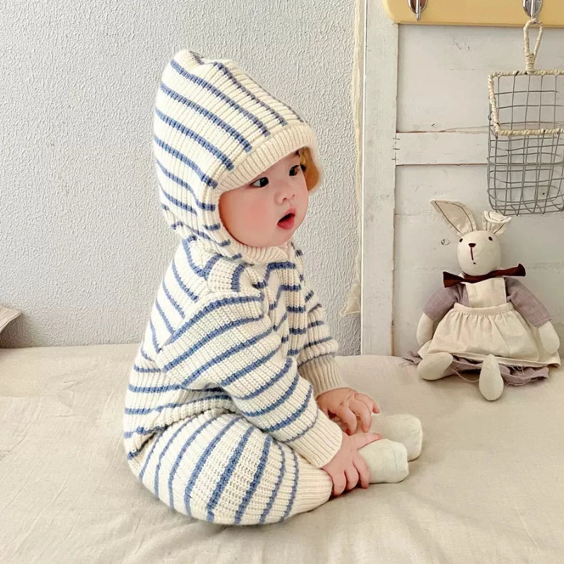 Striped Knit Romper in soft knit fabric with hooded collar