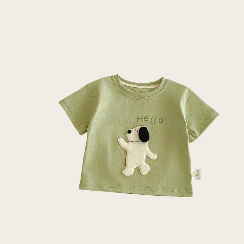 Green short-sleeve hello tee with dog appliqué