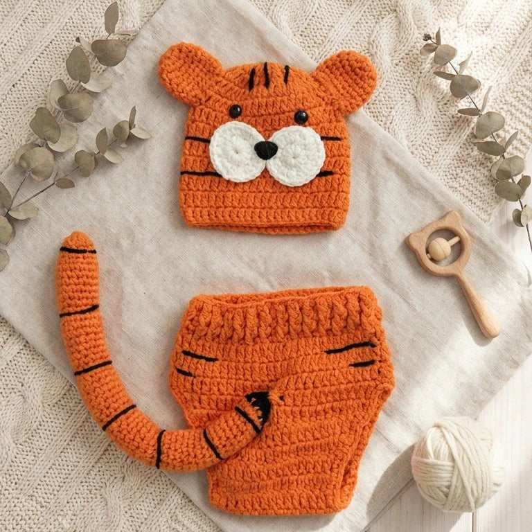 Baby lying on knitted blanket wearing orange tiger costume set