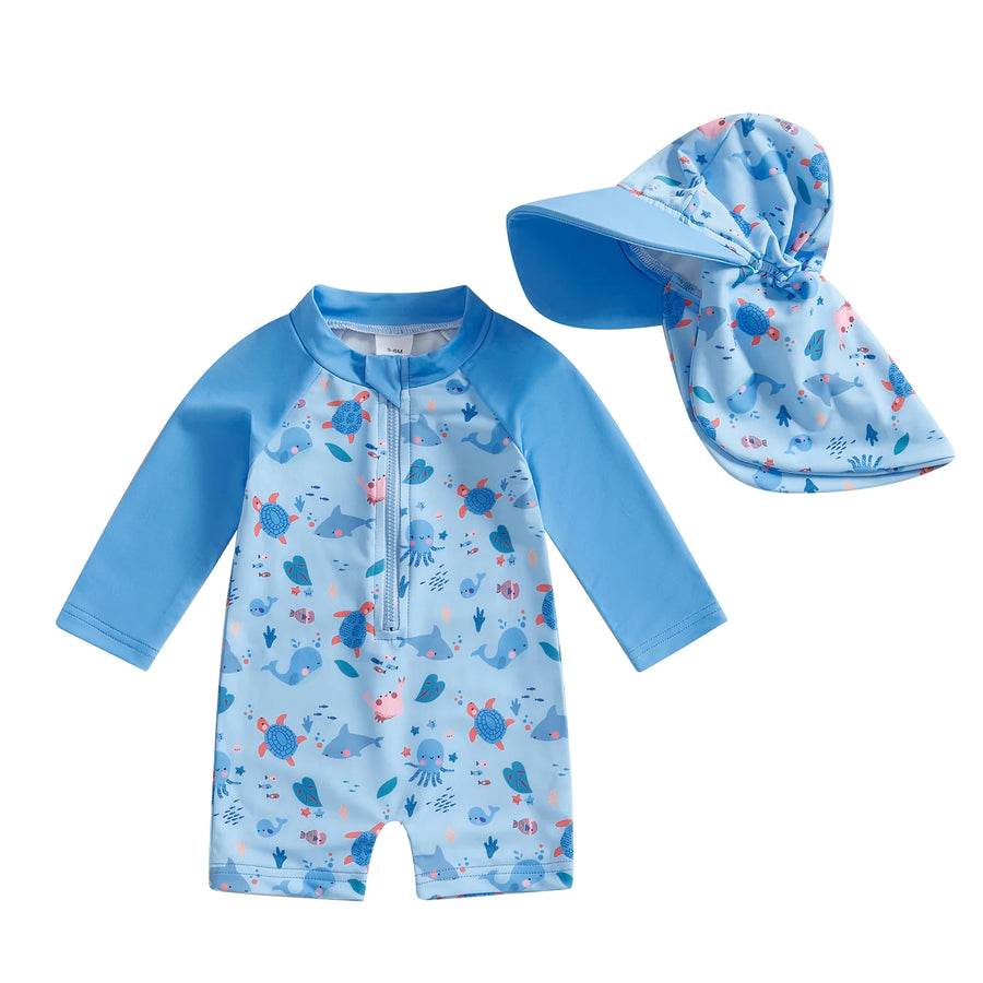 Floral Zip-Up Swimwear Set with Hat for Toddlers