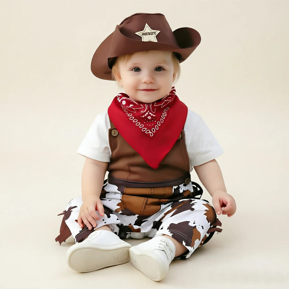 Baby boy wearing cowboy costume romper set with cow-print pants, brown vest, red bandana, and cowboy hat