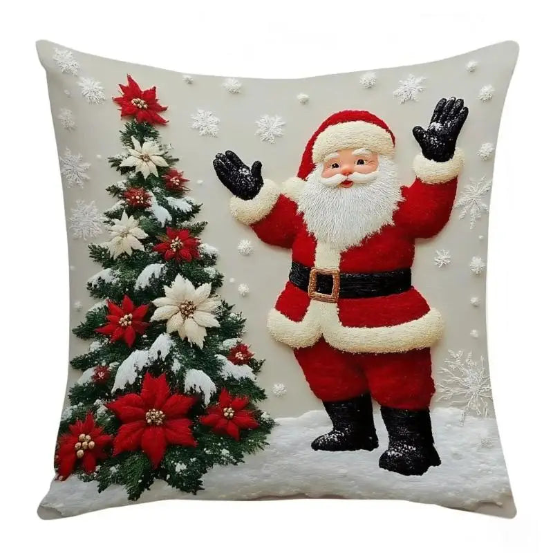Christmas santa and tree pillow cover, B, featuring Santa Claus beside a Christmas tree and red poinsettias.
