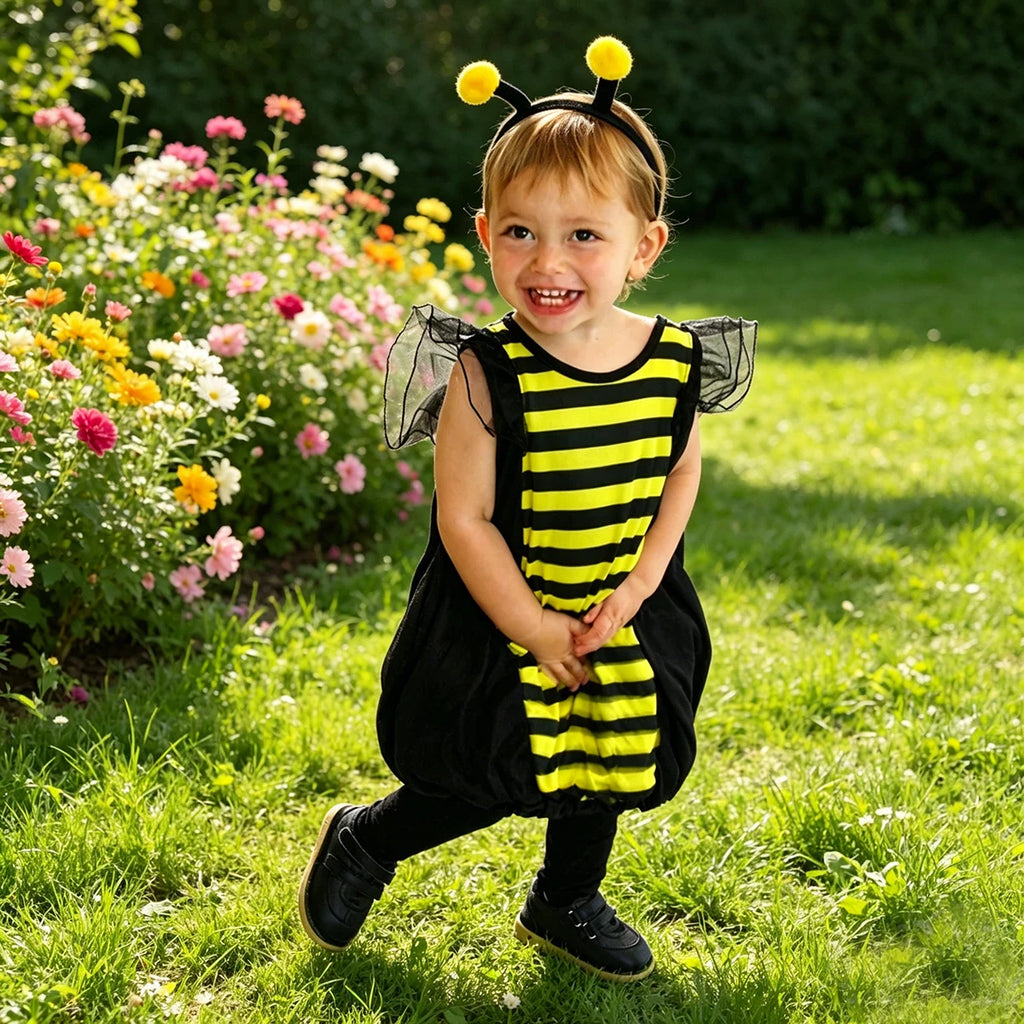 Toddler smiling outdoors wearing bumblebee costume with antenna headband