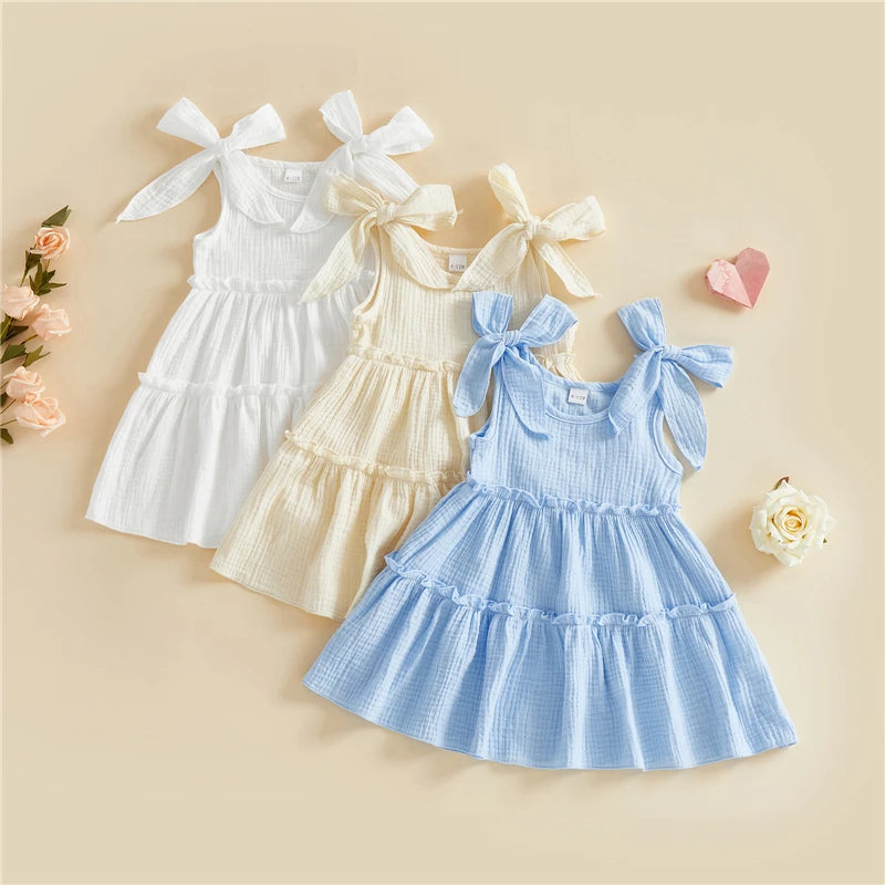 Powder Blue, Natural Beige, and White tie-shoulder tiered dresses