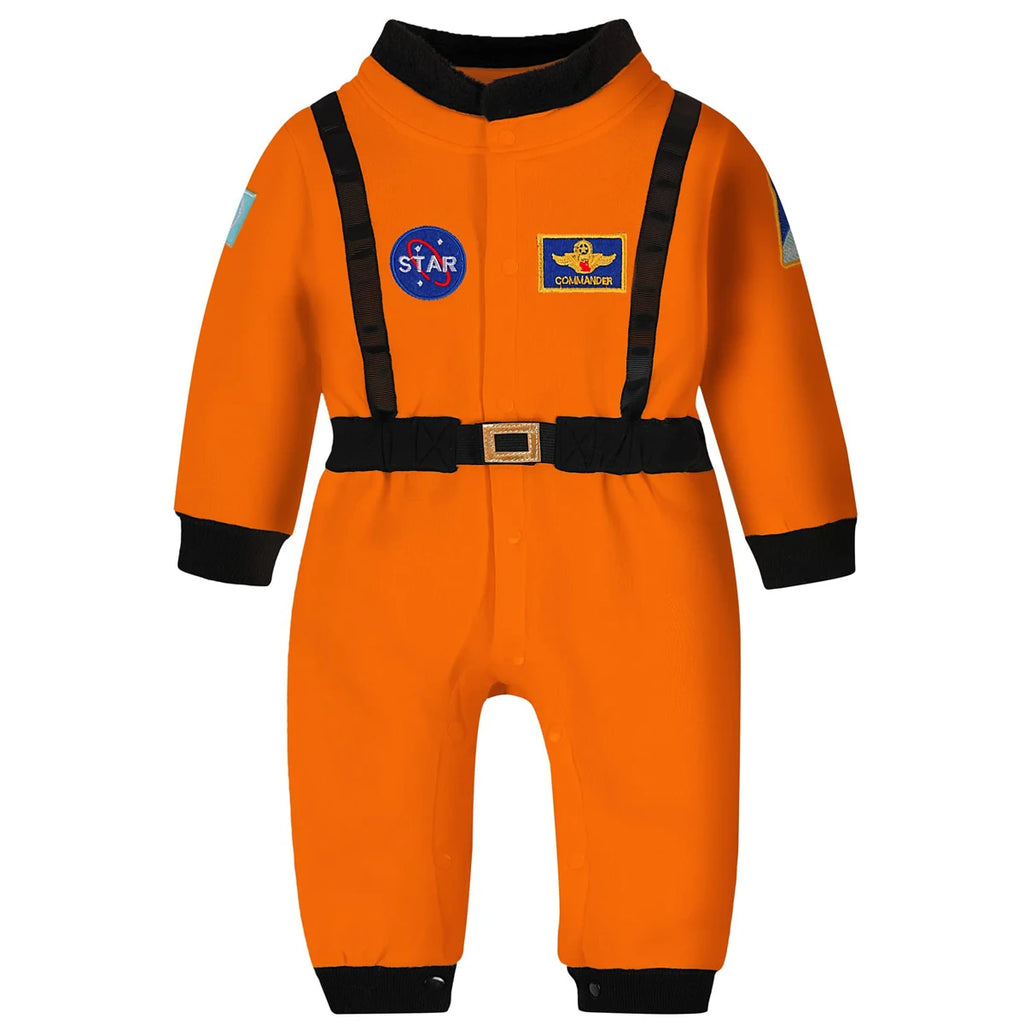 Orange toddler astronaut romper costume with black suspenders and patches