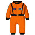 Orange toddler astronaut romper costume with black suspenders and patches