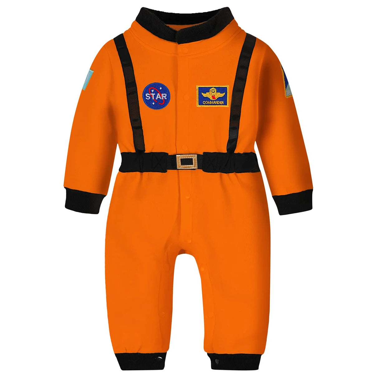 Orange toddler astronaut romper costume with black suspenders and patches