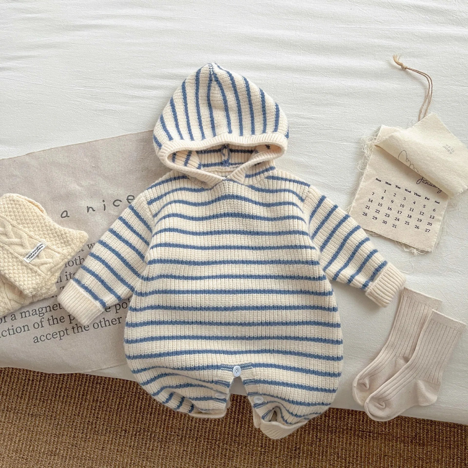 Striped Knit Romper detail of hood and sleeve cuff